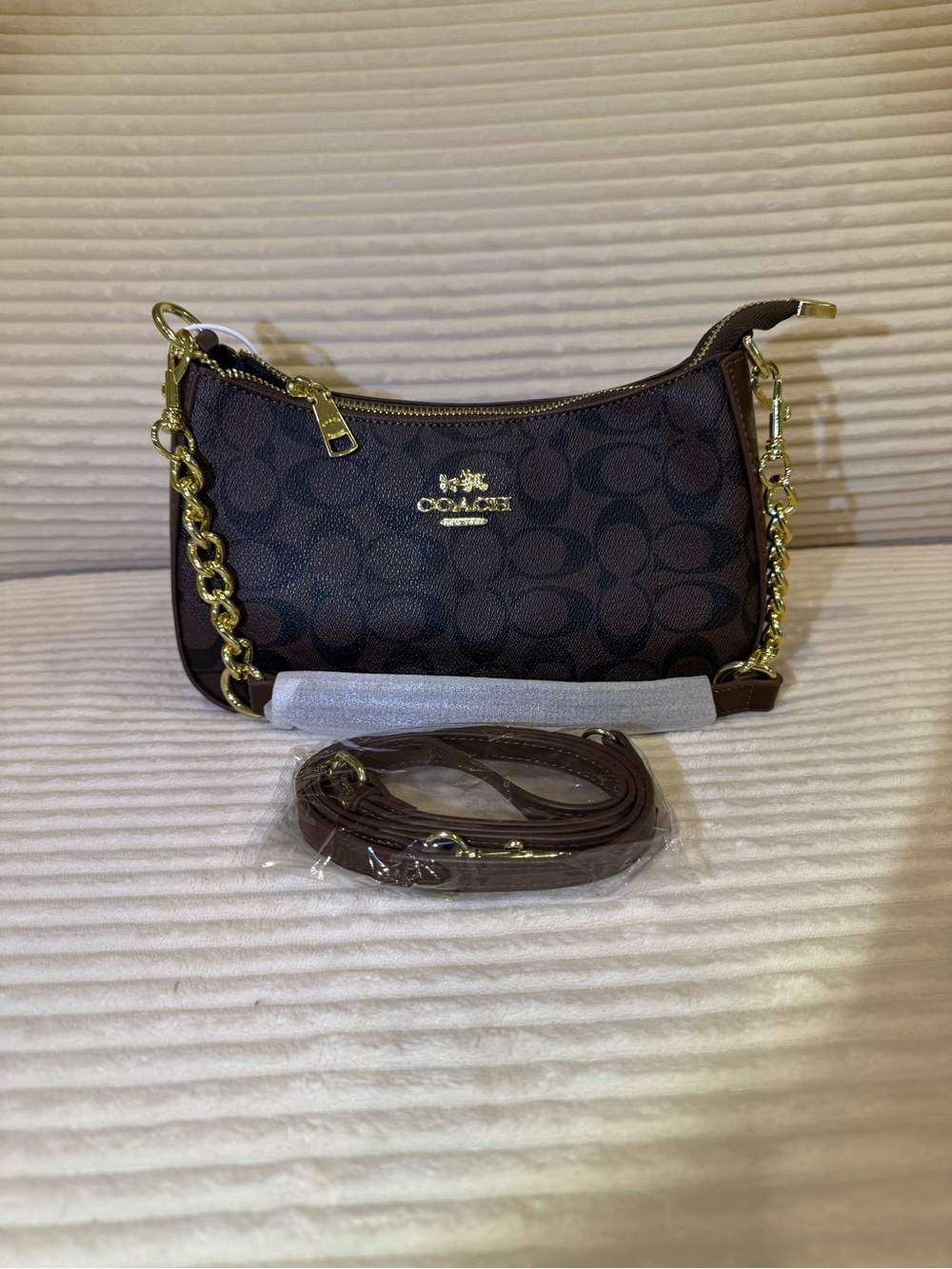 Coach Dark Brown Signature Jacquard Shoulder Bag with Gold Hardware